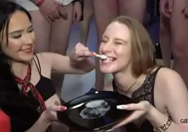 Bukkake cum play swallow eat session with two hot girls